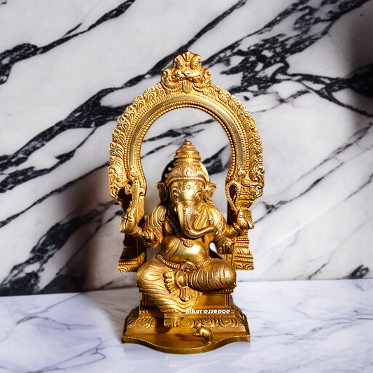 Ganesha Elephant God blessing seated Four Armed Panchaloha idol- 7 inches