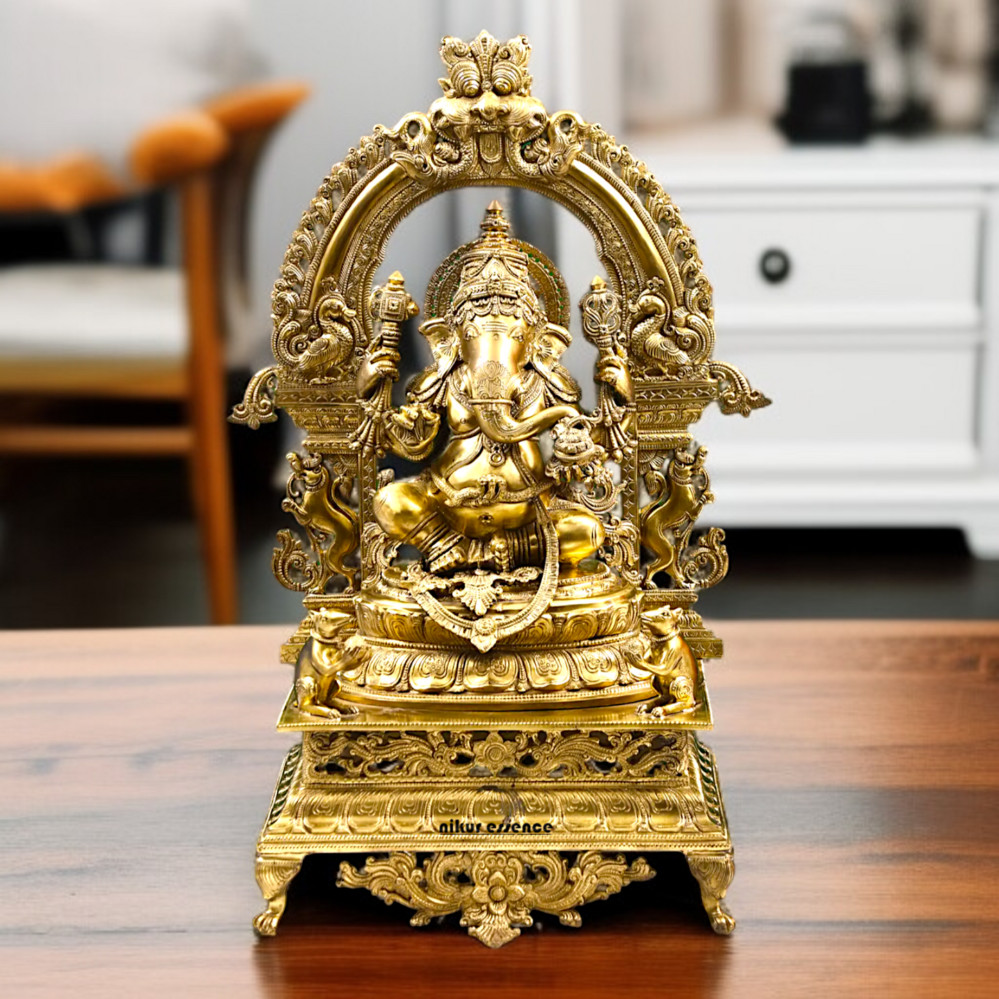 Large Ganesha seated on throne Panchaloha idol - 29 inches