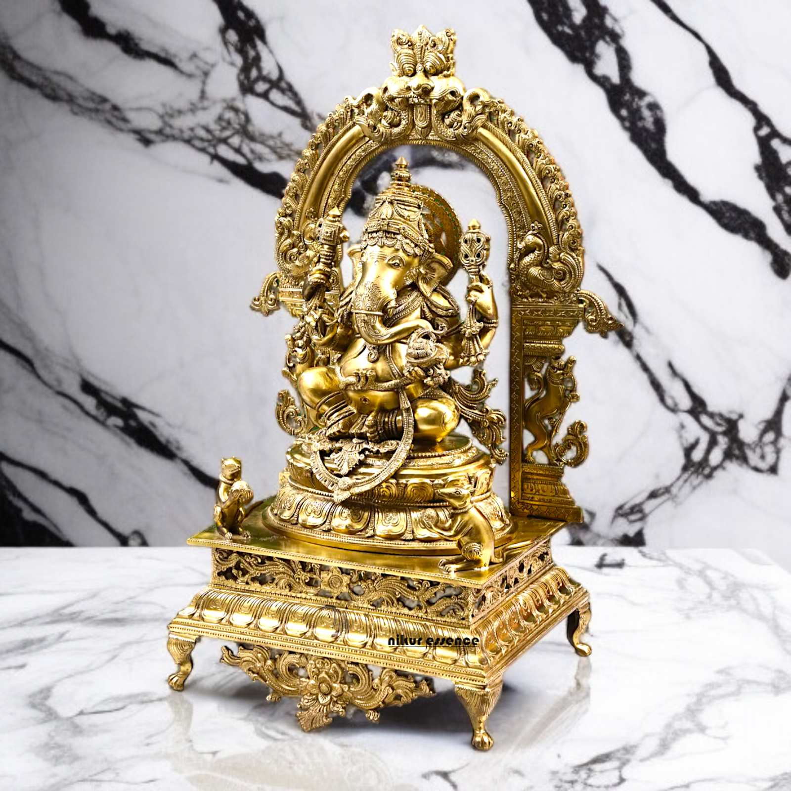 Large Ganesha seated on throne Panchaloha idol - 29 inches