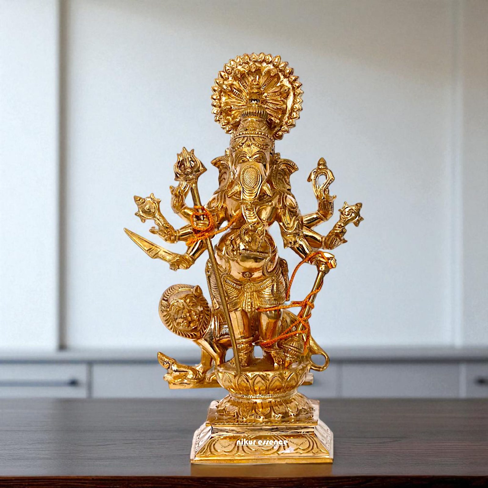 Ganesha Blessing standing with eight hand and lion Panchaloha statue - 13 inches Nikuressence