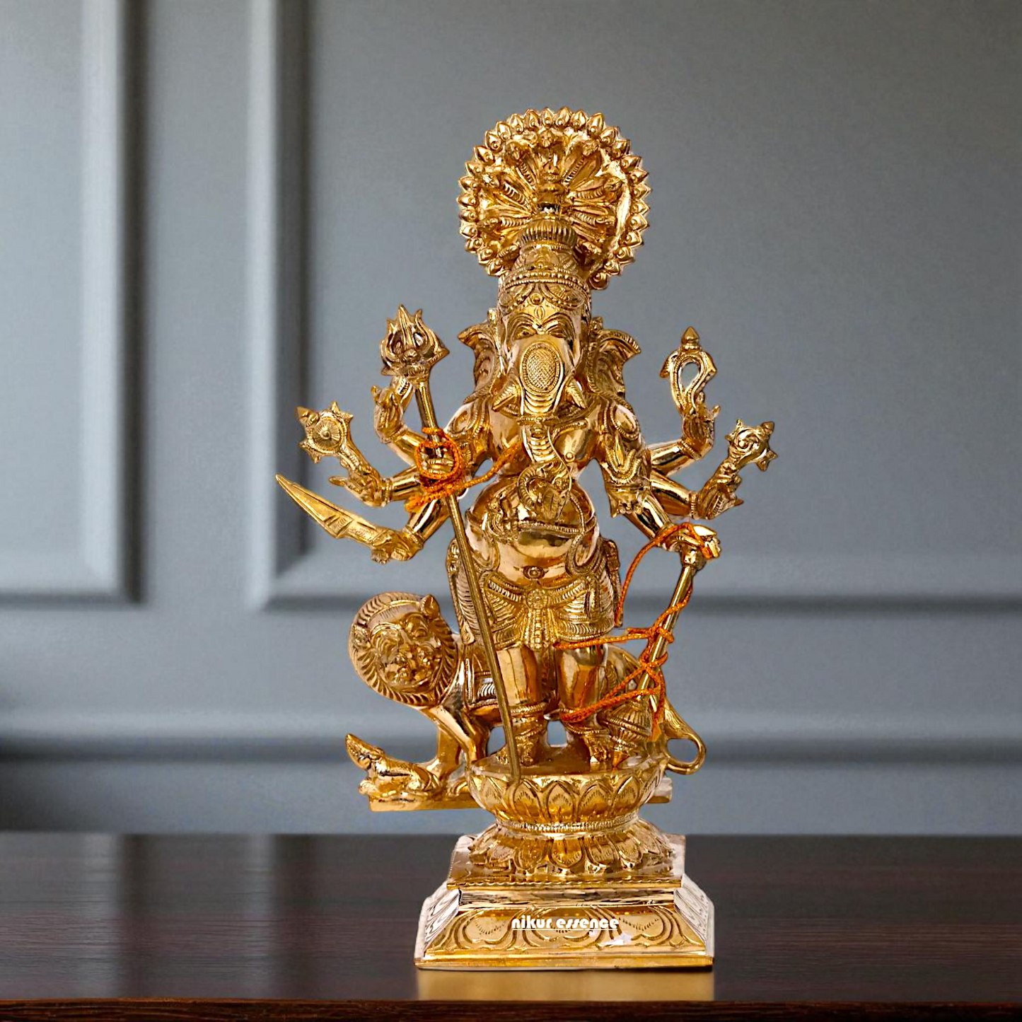 Ganesha Blessing standing with eight hand and lion Panchaloha statue - 13 inches Nikuressence