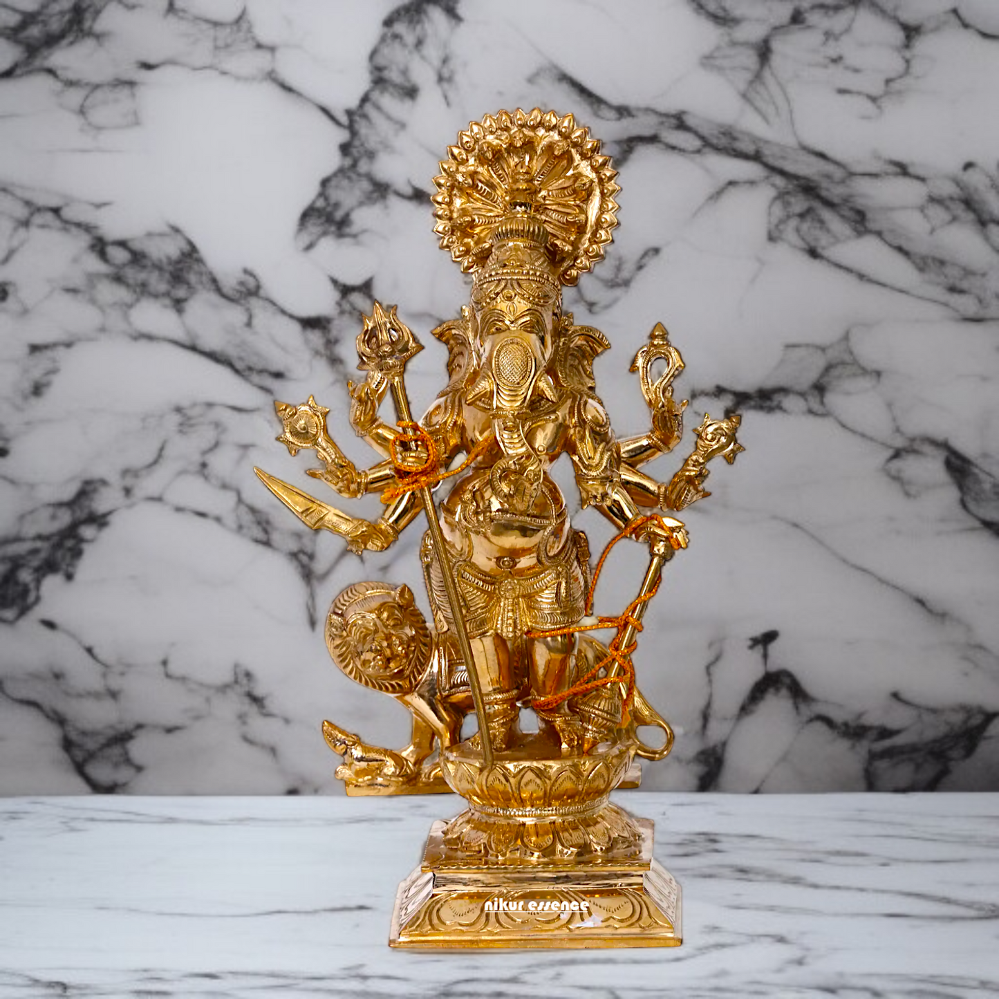 Ganesha Blessing standing with eight hand and lion Panchaloha statue - 13 inches