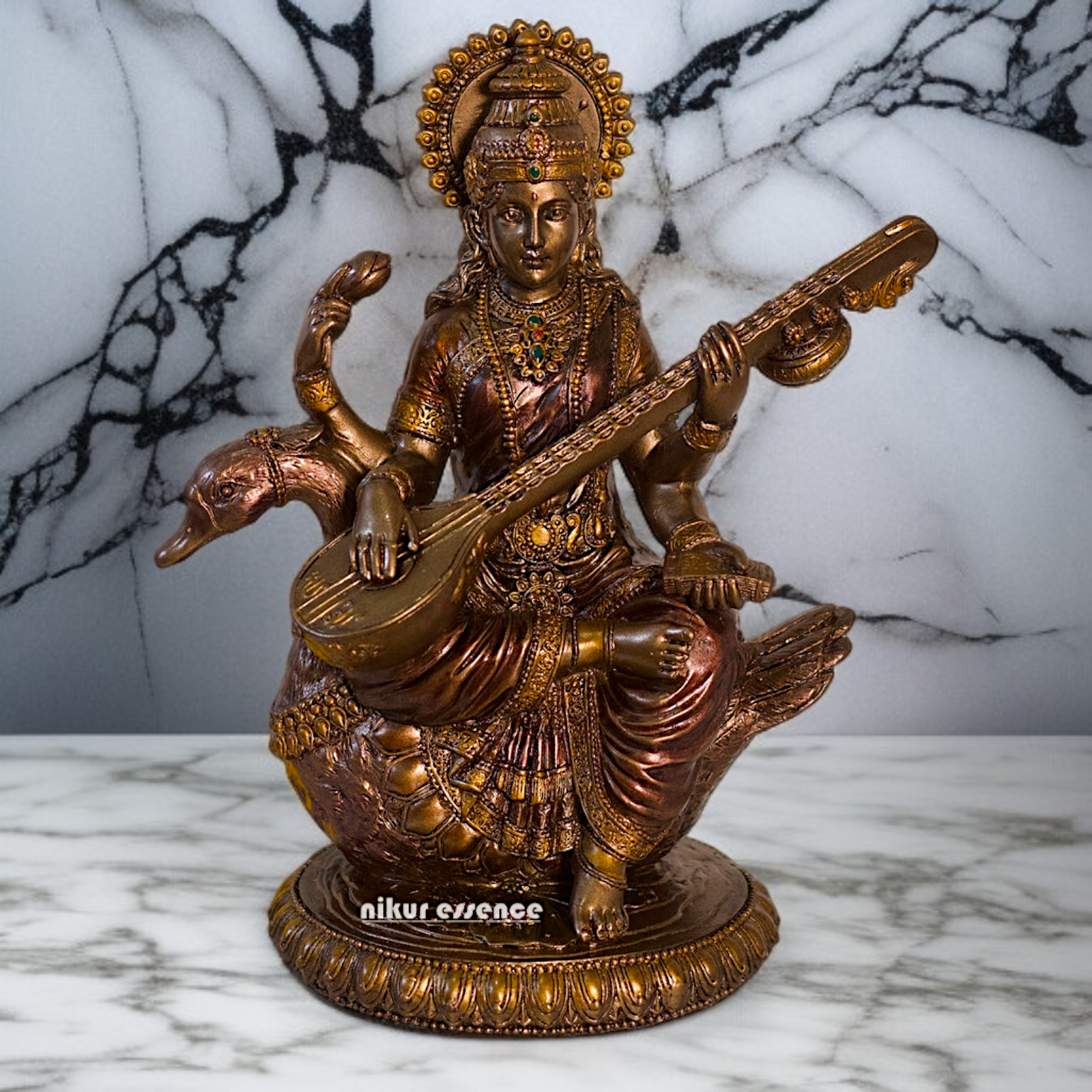 Large Saraswati seated on swan with Playing Veena Bronze Idol - 8.26 Inches