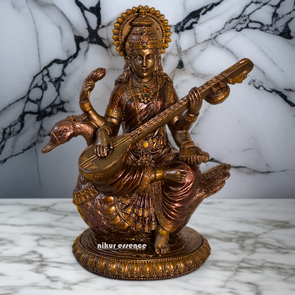 Large Saraswati seated on swan with Playing Veena Bronze Idol - 8.26 Inches