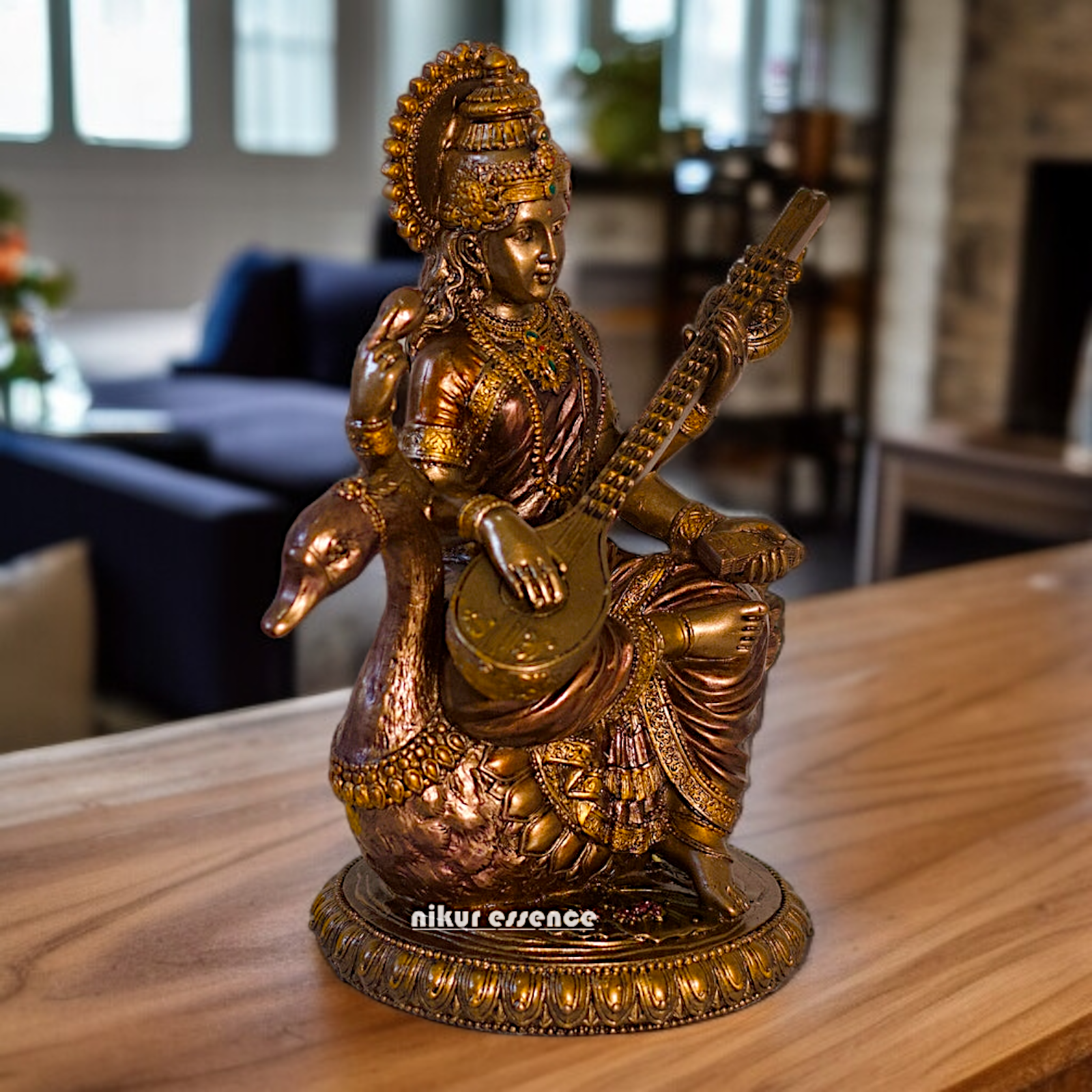 Large Saraswati seated on swan with Playing Veena Bronze Idol - 8.26 Inches