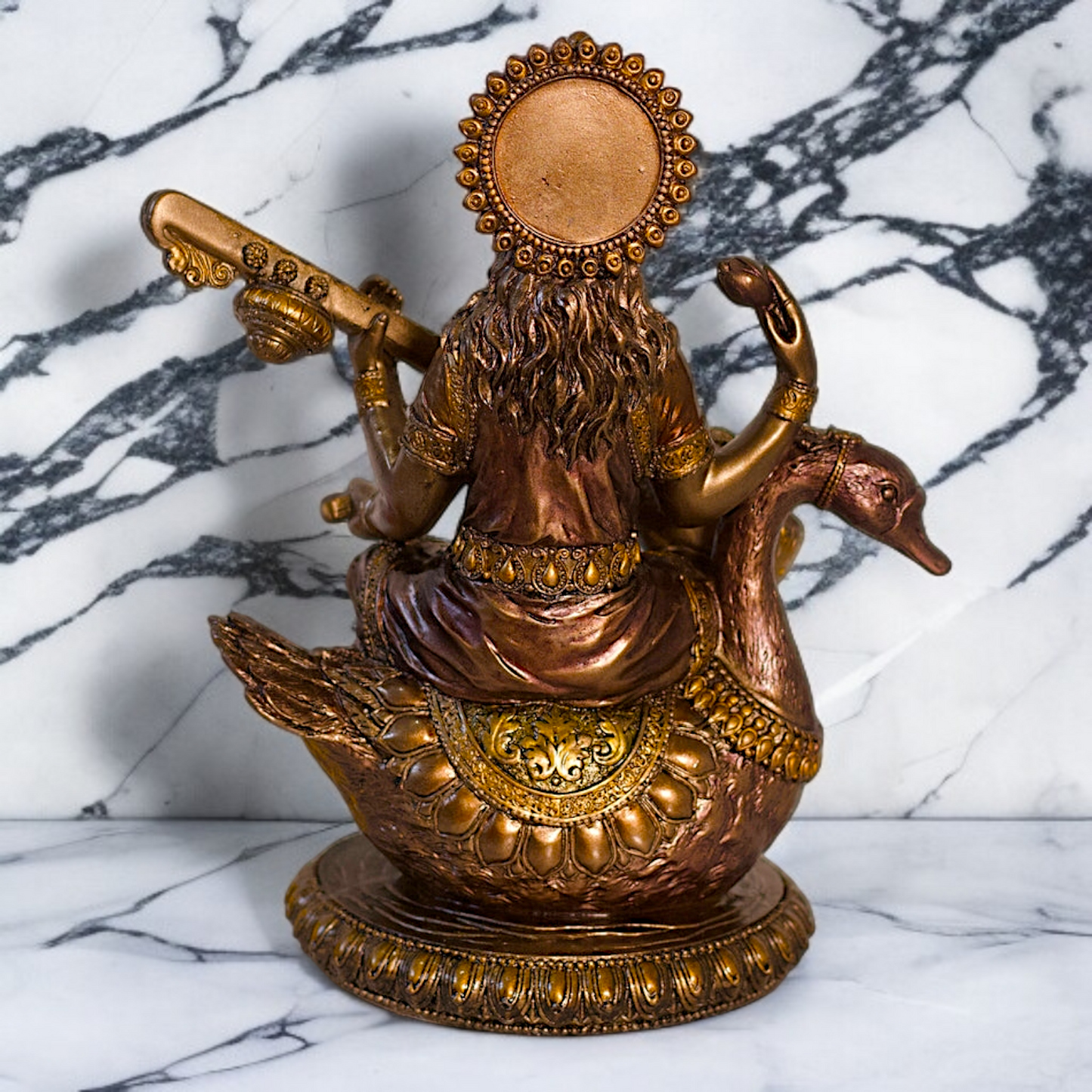 Large Saraswati seated on swan with Playing Veena Bronze Idol - 8.26 Inches