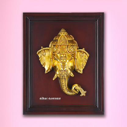Ganesha Head Mask Lotus Brass wall Art Hanging on wood frame decor panel - 16 Inches Nikuressence