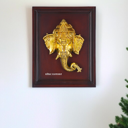 Ganesha Head Mask Lotus Brass wall Art Hanging on wood frame decor panel - 16 Inches Nikuressence