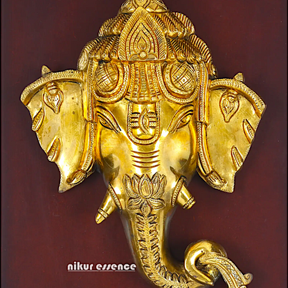 Ganesha Head Mask Lotus Brass wall Art Hanging on wood frame decor panel - 16 Inches Nikuressence