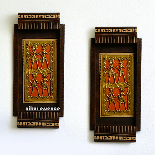 Brass Pair Dhokra wall art hanging on Wood frame Panel - 11 Inches Nikuressence