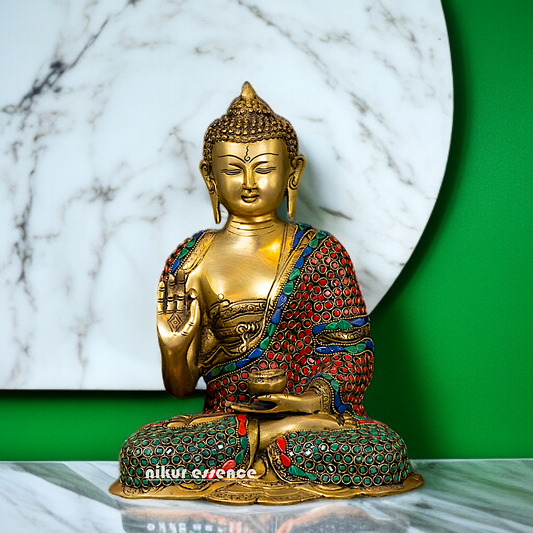Brass Buddha Sitting with Blessing stone work - 11.5 Inches Nikuressence