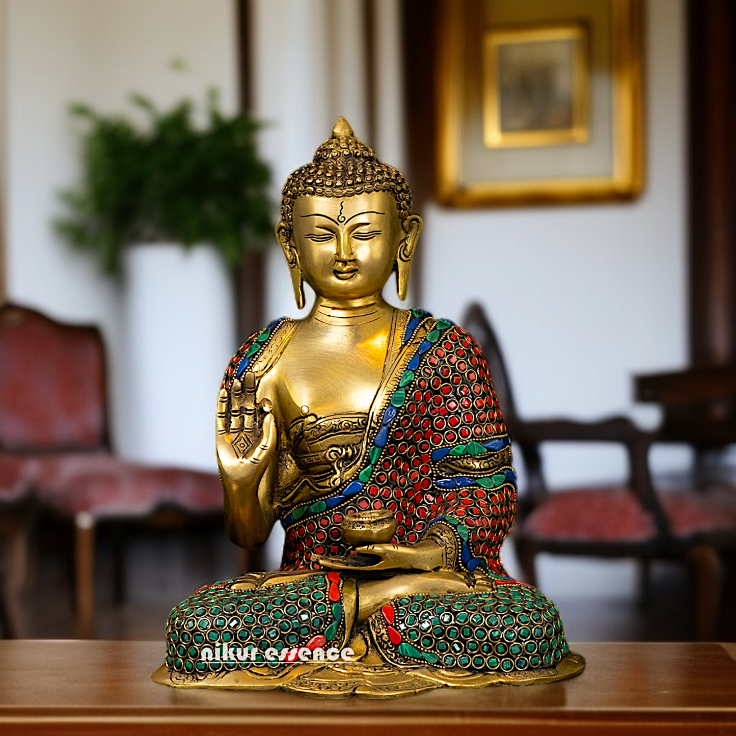 Brass Buddha Sitting with Blessing stone work - 11.5 Inches Nikuressence