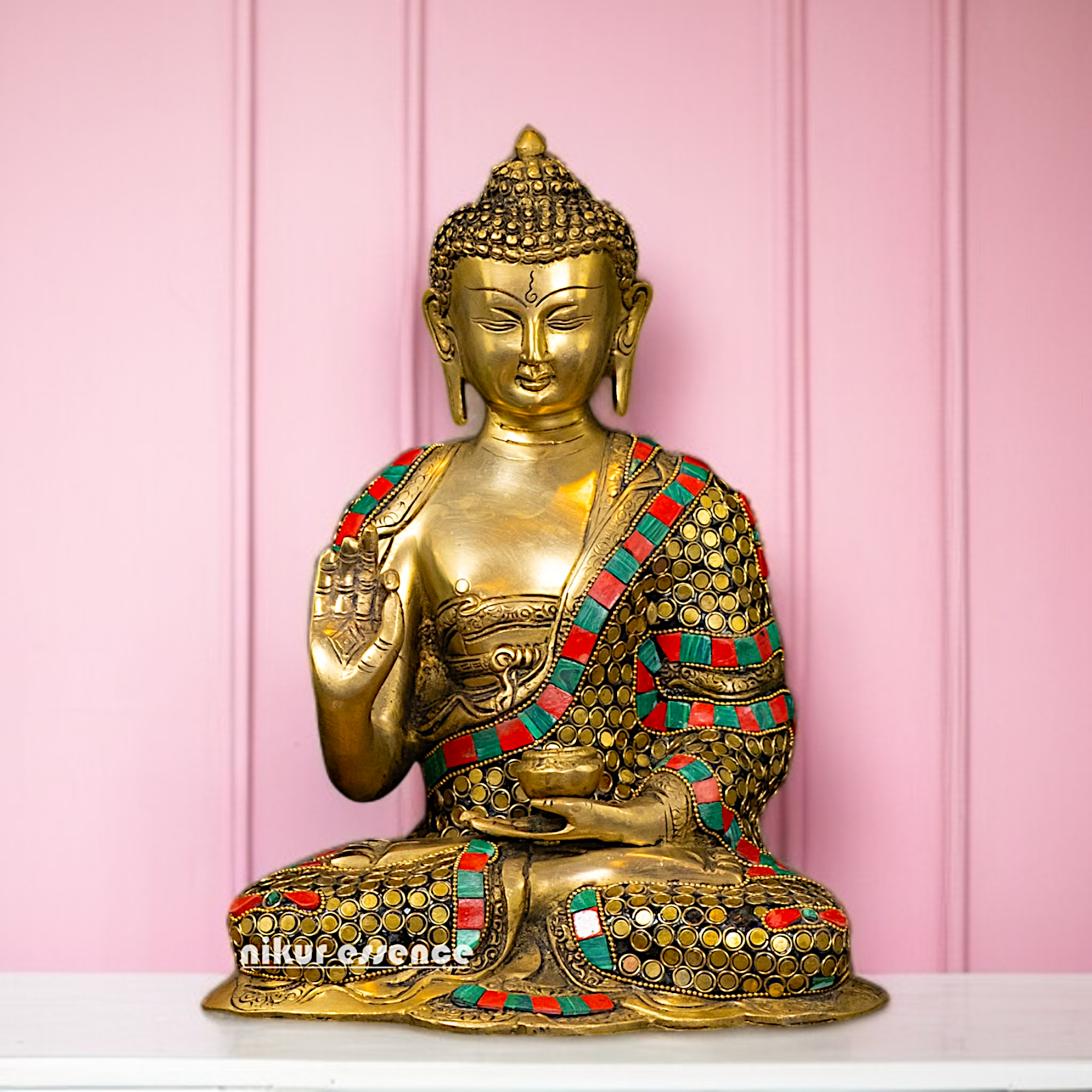 Buy Buddha Blessing Brass with stone work idol - 11.5 Inches Nikuressence