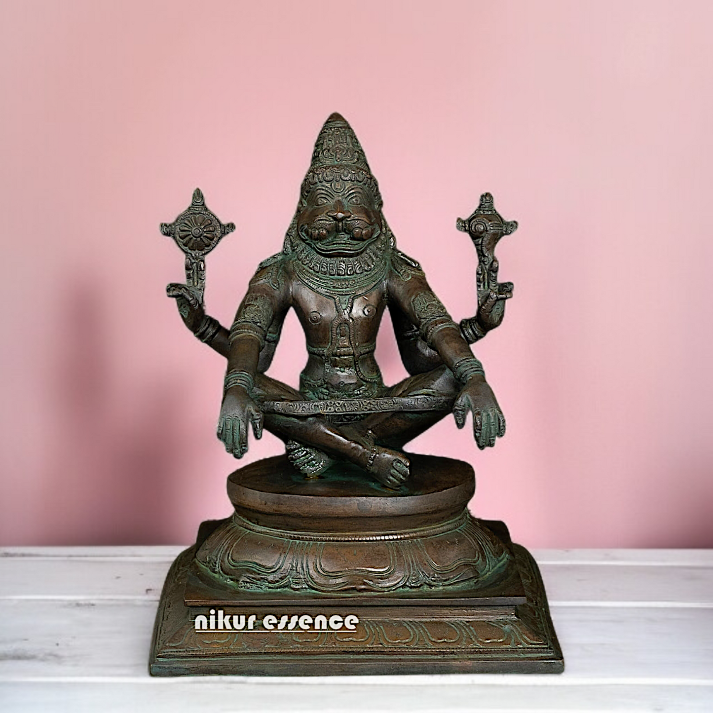 Vishnu Narasimha Seated on throne Brass idol - 10 inches Nikuressence