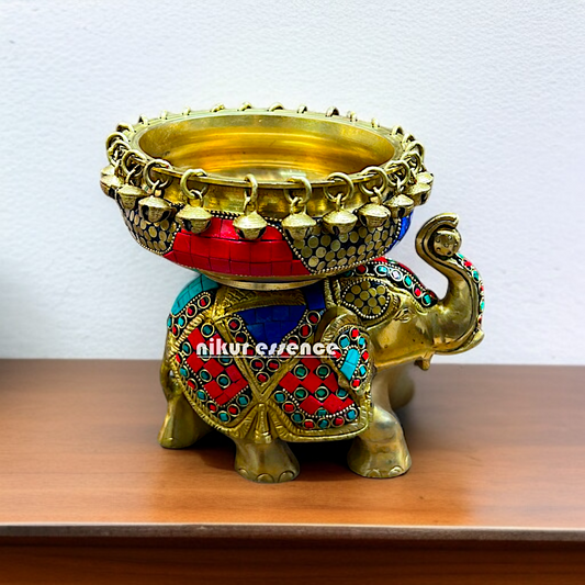 Brass Elephant Urli Bowl with stone work - 7.5 Inches Nikuressence