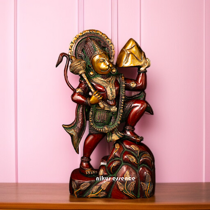 Lord Hanuman ji holding sanjeevni booti mountain brass idol - 16 Inches Nikuressence