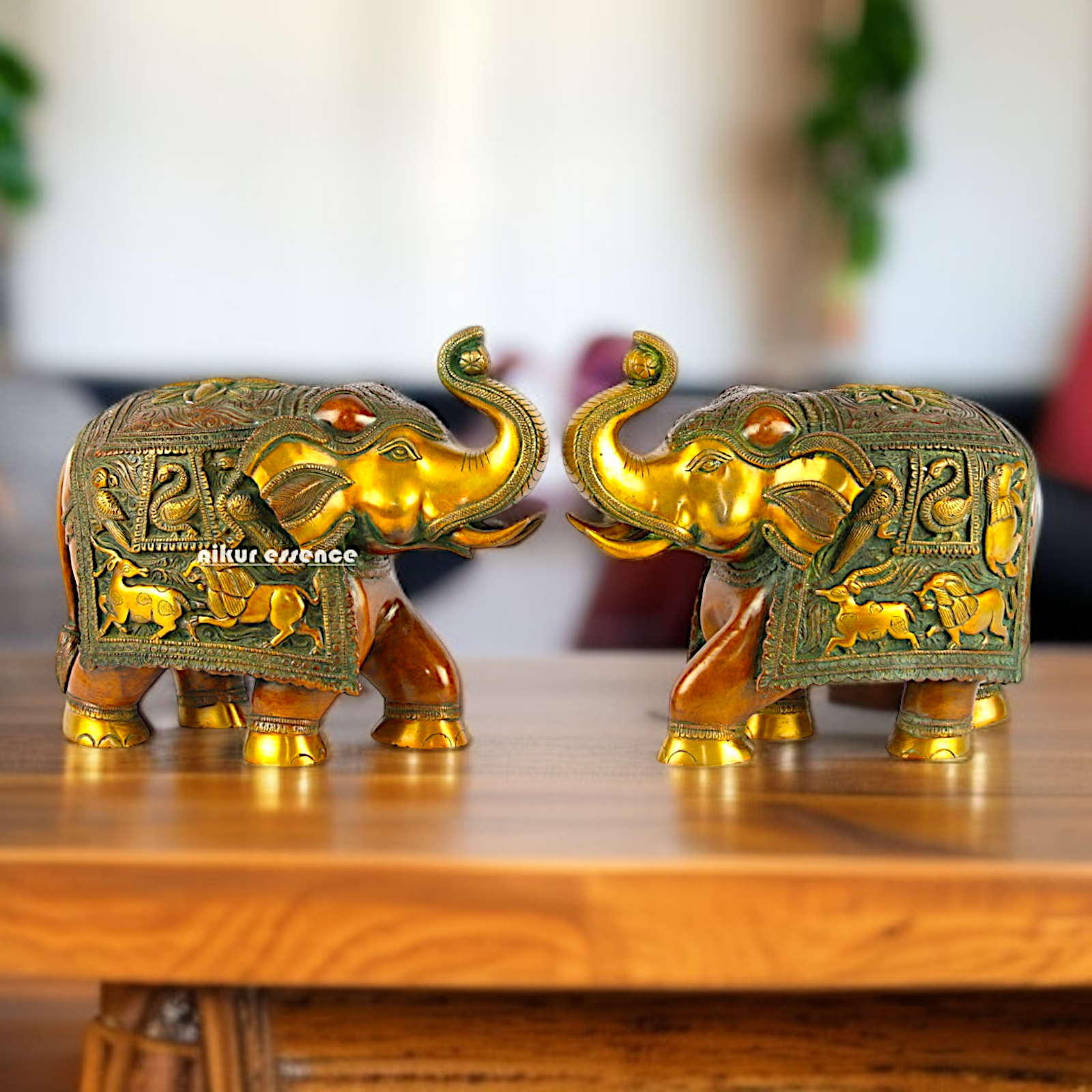 Brass Pair Elephant with stone work statue - 10.5 Inches Nikuressence