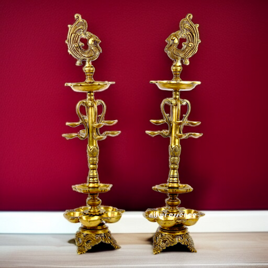Pair peacock Diya lamps solid brass - 27.5 Inches Nikuressence
