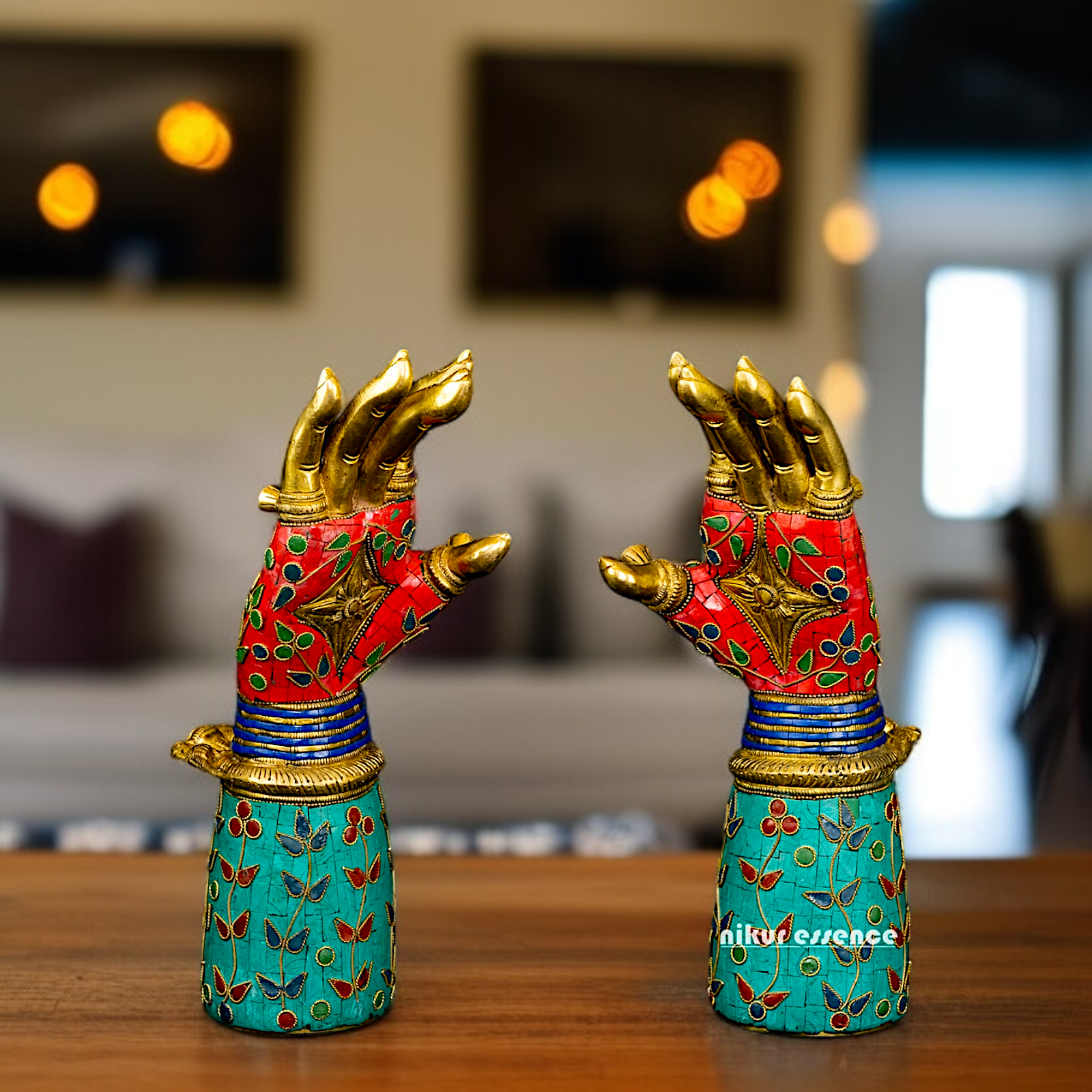 Brass Pair Blessing with stone work room decor with stone work idol - 1 Feet Nikuressence