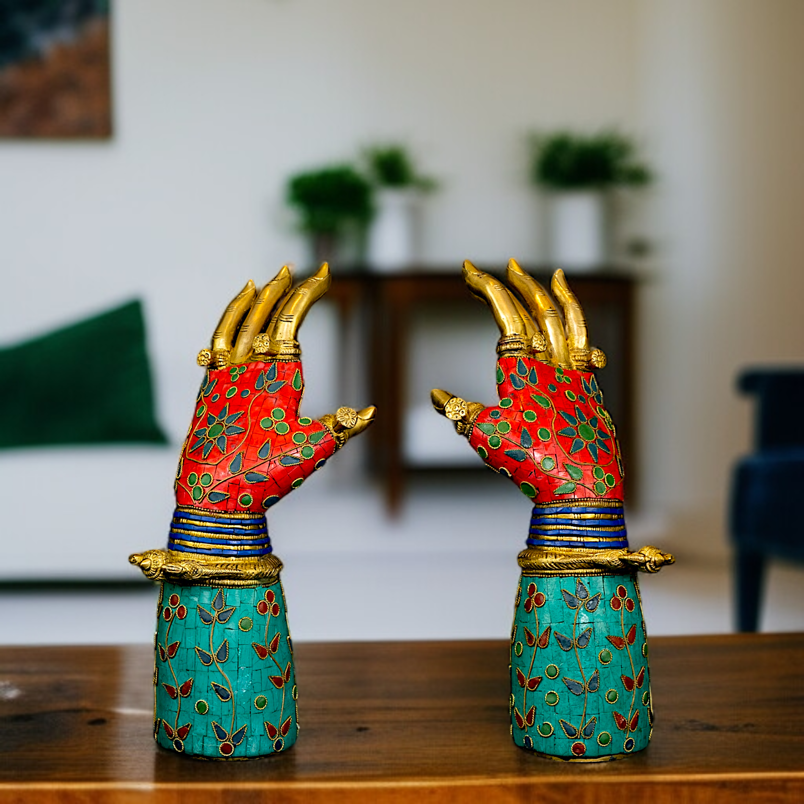 Brass Pair Blessing with stone work room decor with stone work idol - 1 Feet Nikuressence