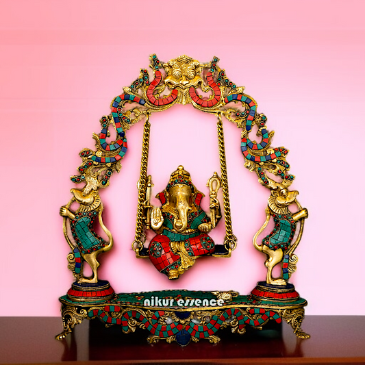 Ganesha Seated Jhula Swing Brass with stone work idol - 17 Inches Nikuressence