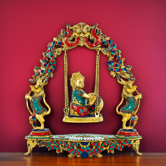 Bal Krishna Seated Swing Jhula Brass with stone work idol - 17 Inches Nikuressence