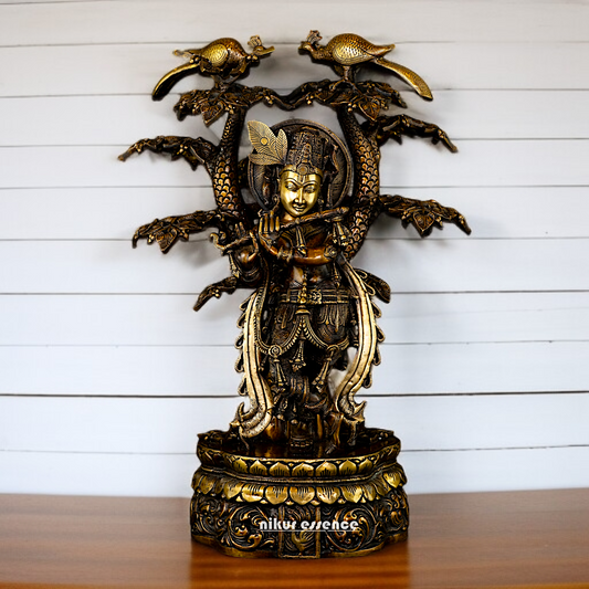 Large Krishna Playing Flute with Tree Brass idol - 2 Feet Nikuressence