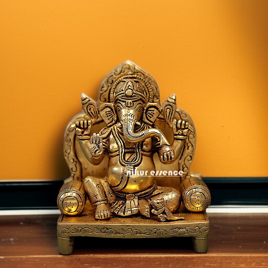 Pure Brass Ganesha Vinayaka Sitting on singhasan statue - 8 Inches Nikuressence