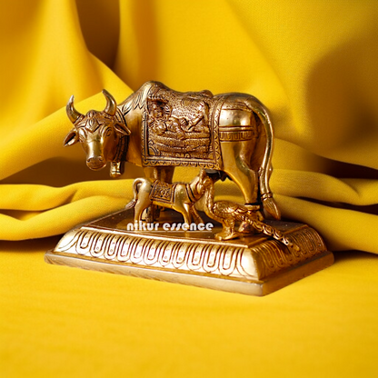 Pure Brass kamadhenu Cow with calf Pooja statue - 7 inches Nikuressence