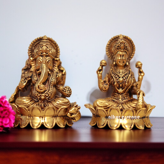 Maha Lakshmi with Ganesha Blessing seated on lotus Brass idol - 4 Inches Nikuressence