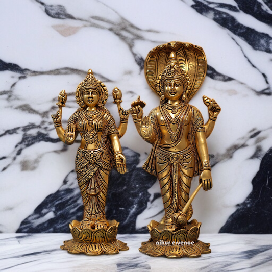 Vishnu Bhagwan with Lakshmi maa standing with Blessing and hold Gada mace Brass idol - 16.5 Inches Nikuressence