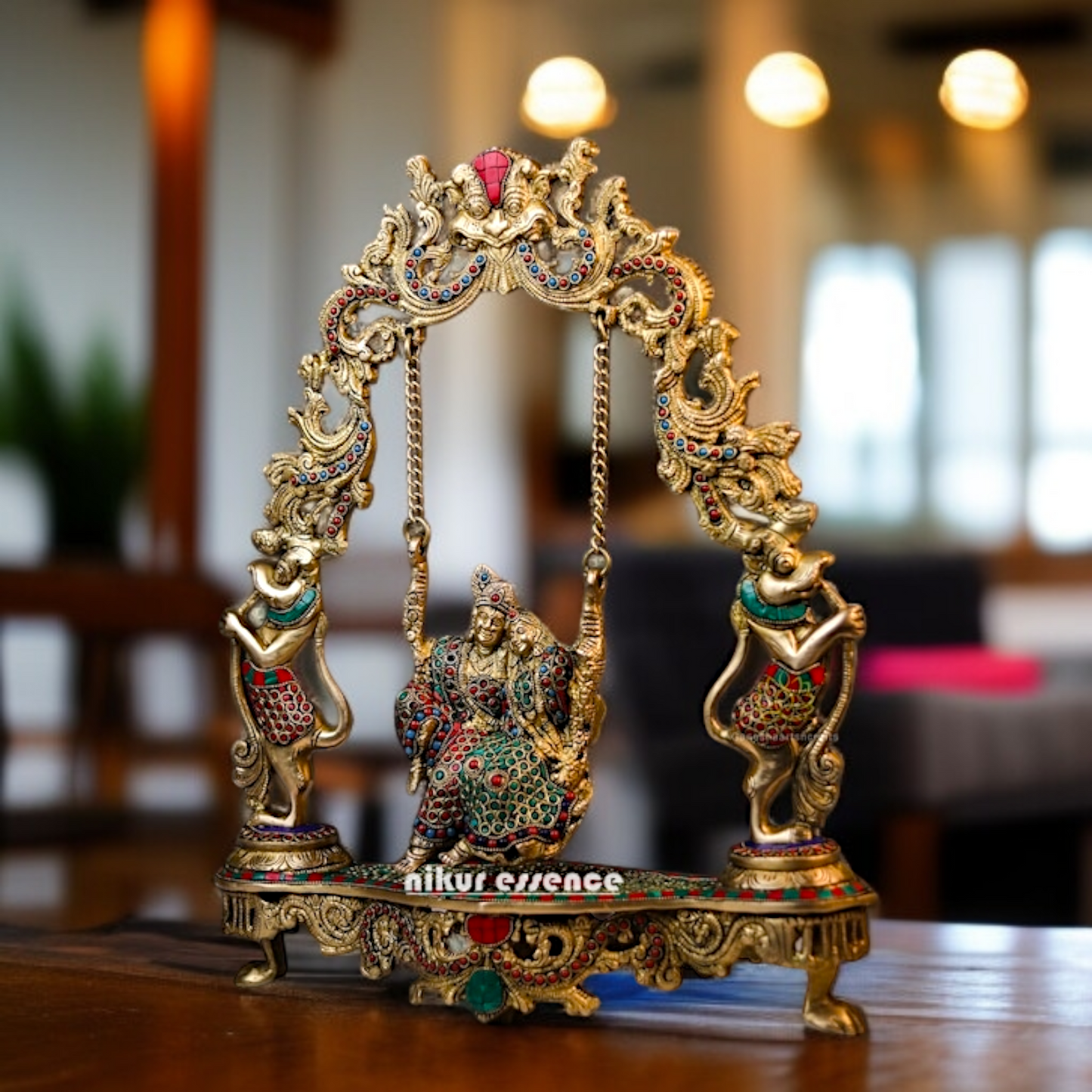 Brass Radha krishna swing Jhula with stone work idol - 18 Inches Nikuressence