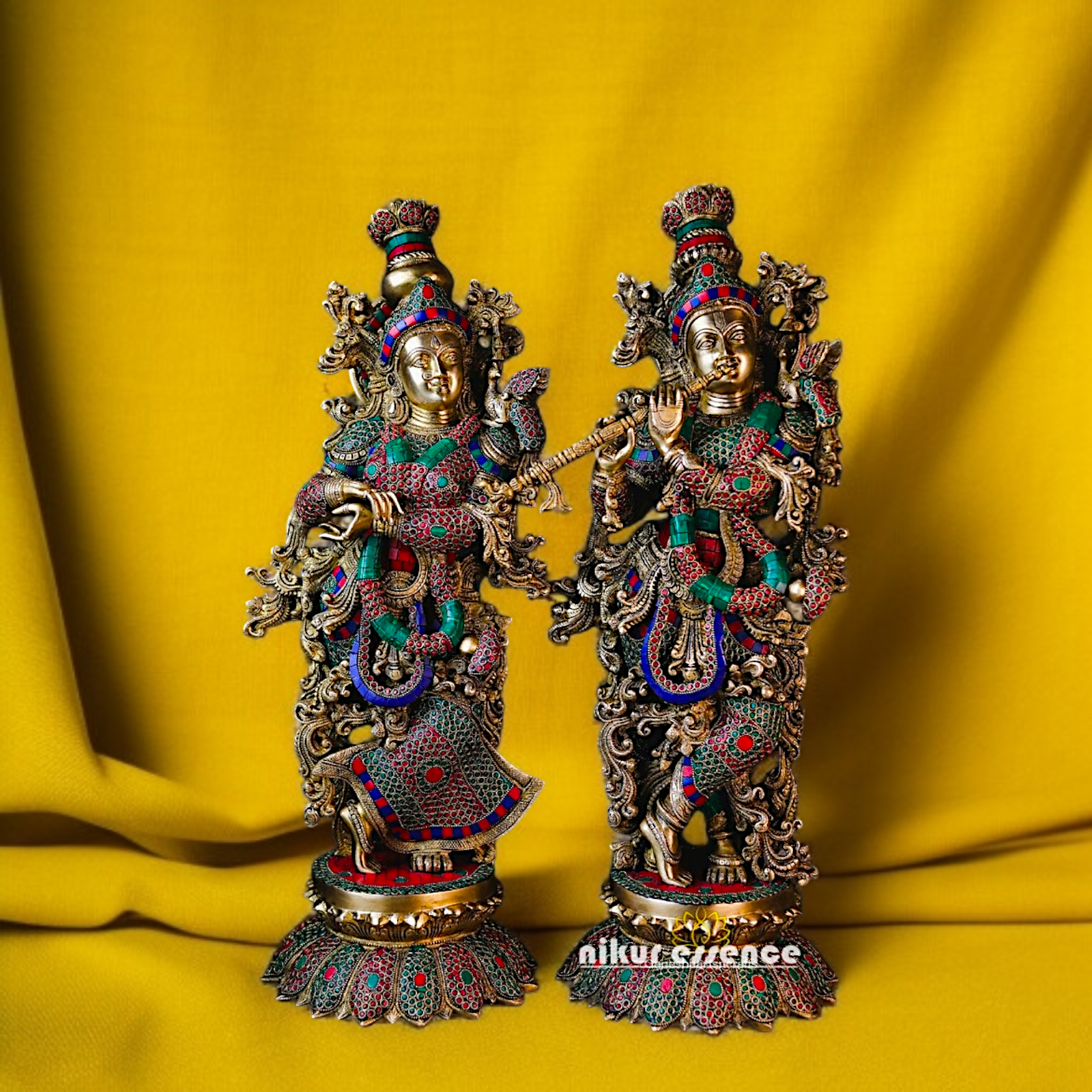 Radha Krishna Blessing with Standing Brass stone work idol - 28 Inches Nikuressence