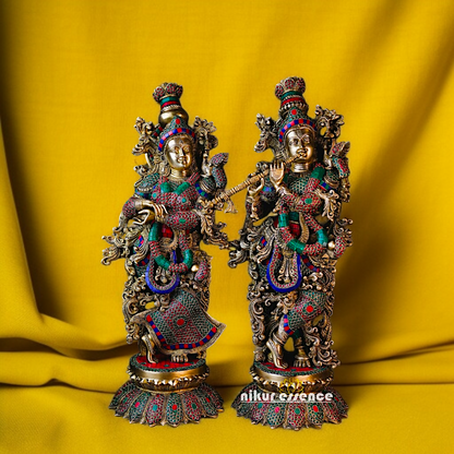 Radha Krishna Blessing with Standing Brass stone work idol - 28 Inches Nikuressence