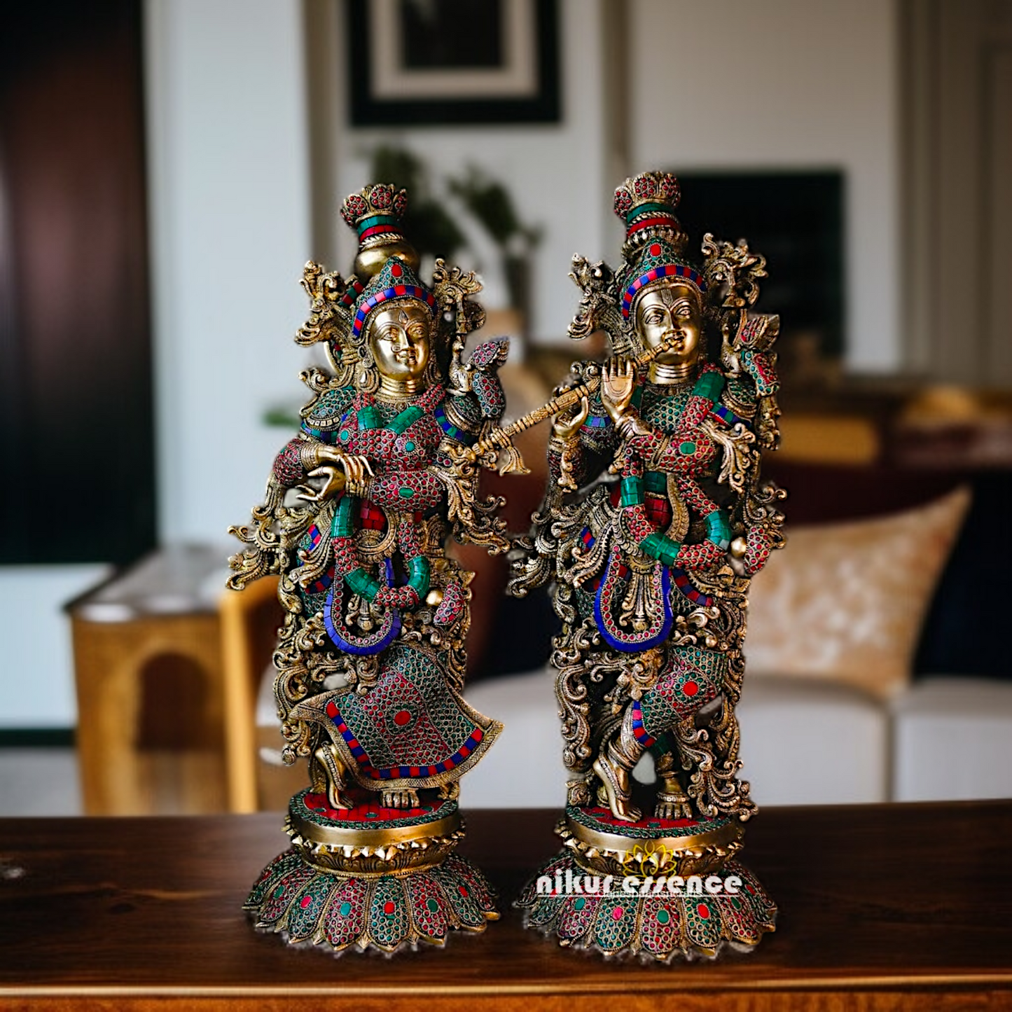 Radha Krishna Blessing with Standing Brass stone work idol - 28 Inches Nikuressence