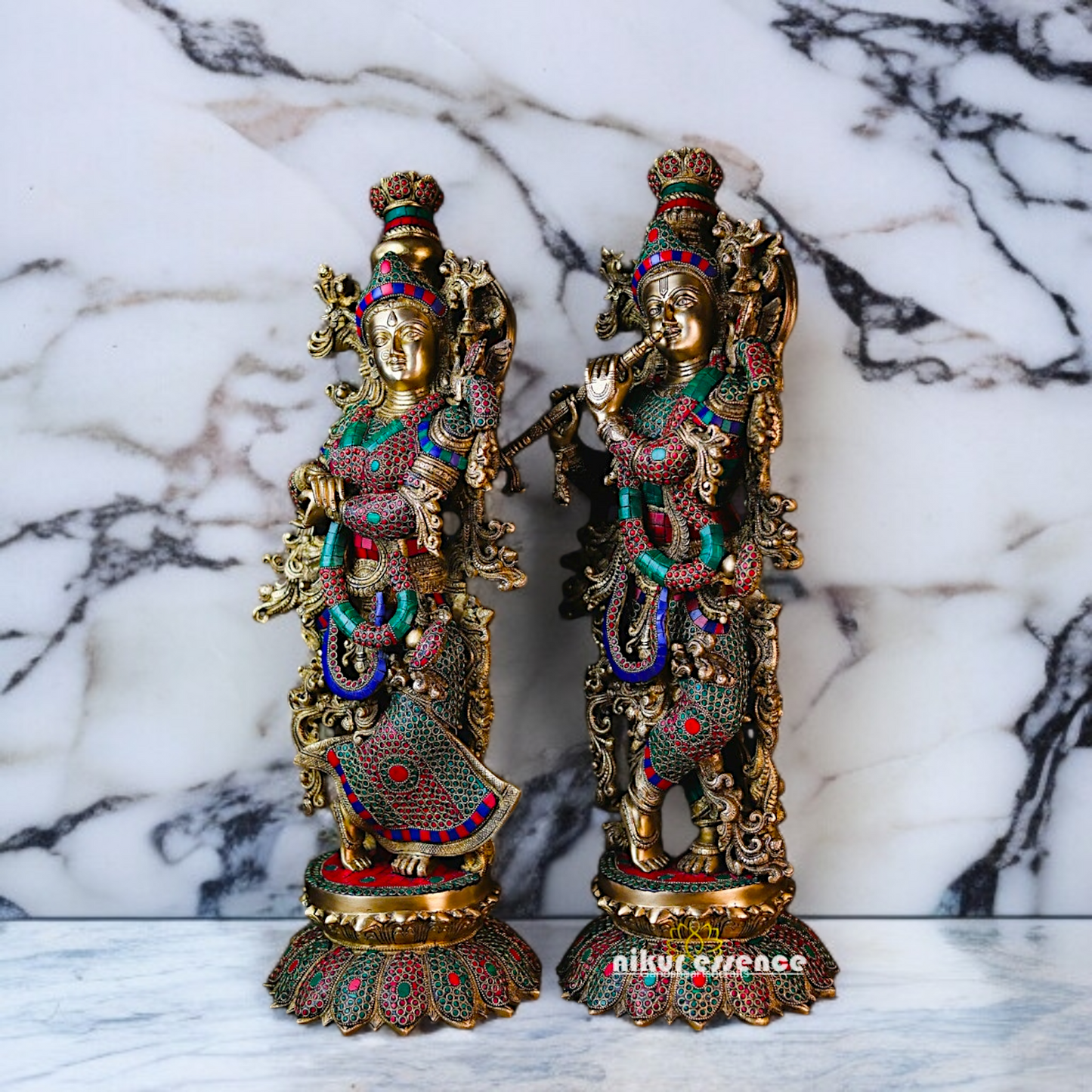 Radha Krishna Blessing with Standing Brass stone work idol - 28 Inches Nikuressence
