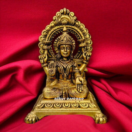 Goddess Maha Lakshmi Blessing seated on singhasan Brass idol - 7.3 Inches Nikuressence