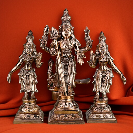 Panchaloha Murugan with devasena and Valli Standing Blessing statue - 6.5 Inches Nikuressence
