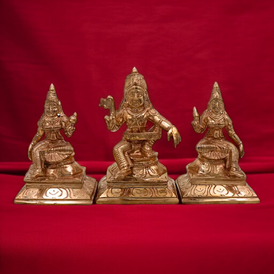 Panchaloha Sastha Ayyanar With Poorna and Pushkala God Seated statue - 4.5 Inches Nikuressence