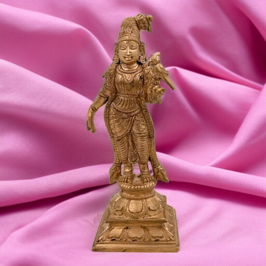 Goddess Meenakshi Standing with parrot Panchaloha idol - 6.5 Inches Nikuressence