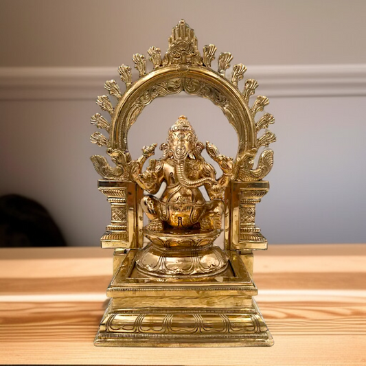 Lord Ganesha seated on singhasan with Blessing Panchaloha idol - 13 Inches Nikuressence