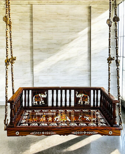 (Copy) (Copy) (Copy) (Copy) (Copy) (Copy) (Copy) (Copy) (Copy) (Copy) Nikur Essence Handcrafted Rosewood Swing Plank – 5ft Wooden Jhoola with 4 Brass Chains, Elephant & Peacock Carvings, Ceiling Hooks & Plank Joints