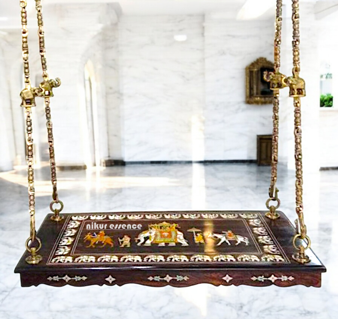 Handcrafted Rosewood Swing Plank – 4 feet Wooden Jhoola with 4 Solid Brass Chains & Ceiling Hooks | Luxury Oonjal for Home & Temple -Nikur Essence