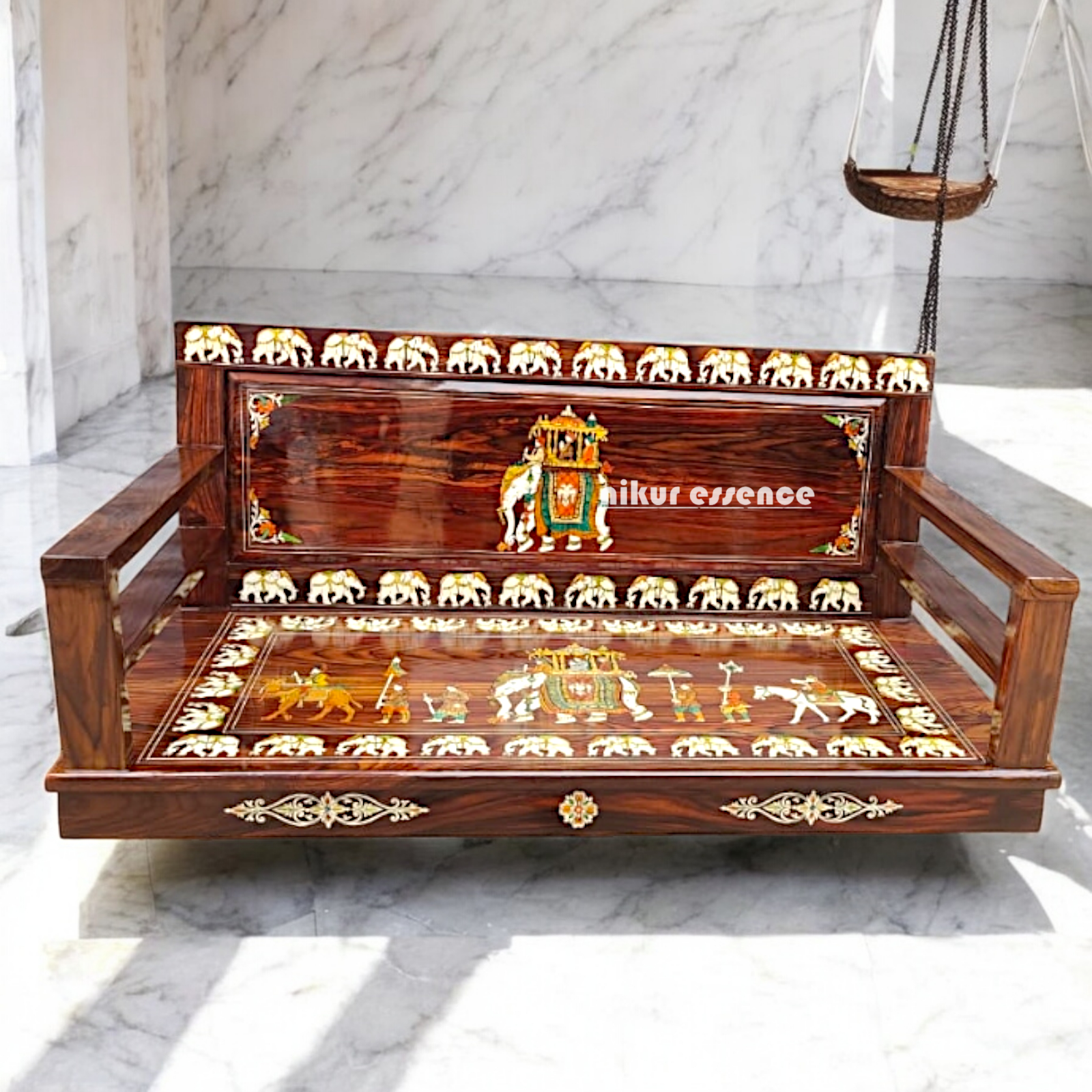 Nikur Essence Handcrafted Rosewood Swing | 5ft Oonjal with Brass Chains for Balcony & Indoor Spaces