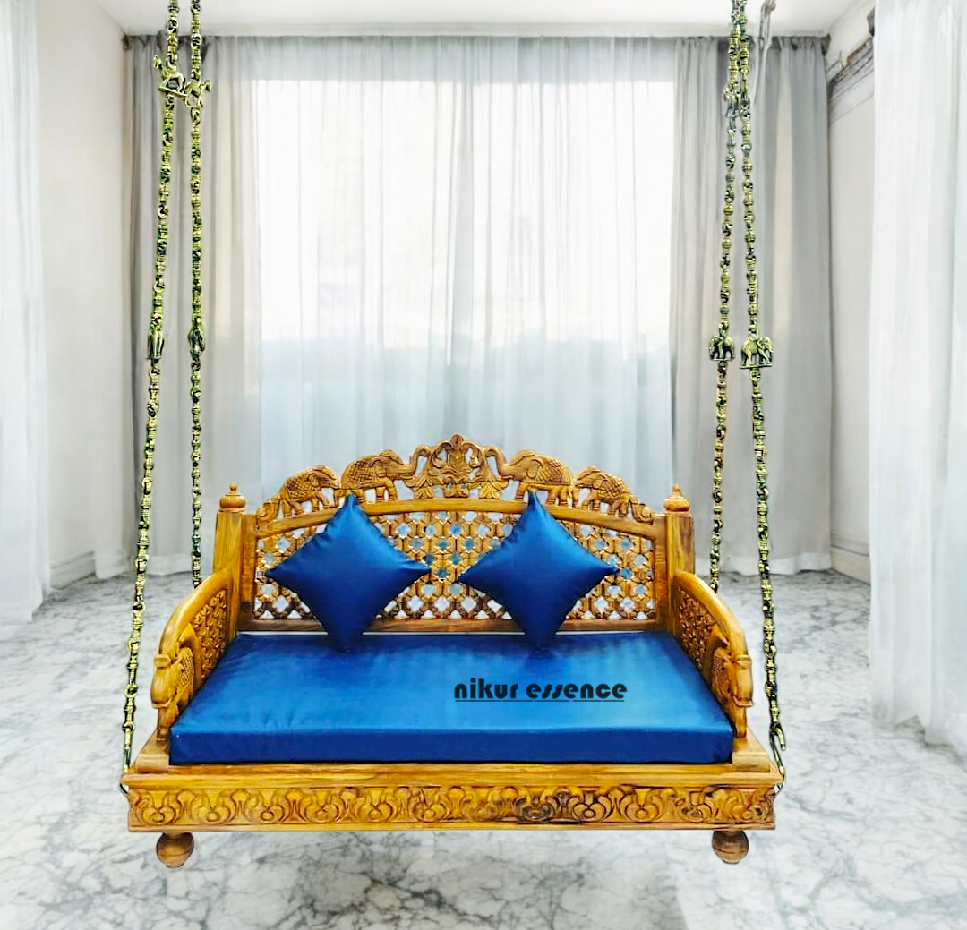 Premium Teak Wood Swing (Sagwan) – Handcrafted Wooden Jhula for Home & Balcony with Brass Chains, Elegant & Durable Design