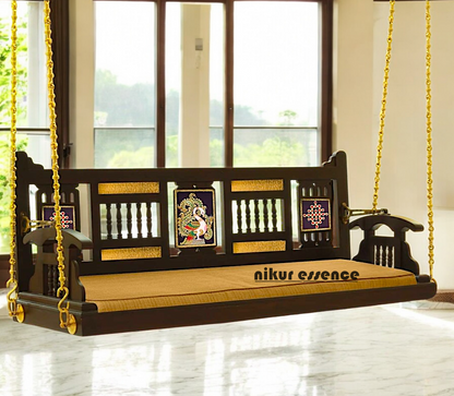 Handcrafted Teakwood Reversible Swing – 5ft with Brass Chains & Decorative Tile Work