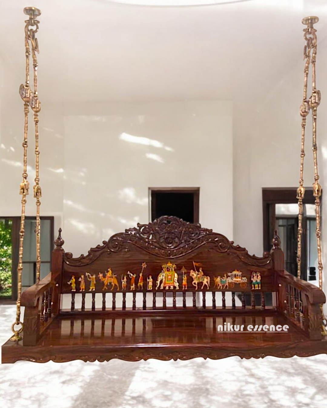 Luxury Handcrafted Wooden Oonjal (Jhula/Swing) – 5ft Royal Swing with 7ft Brass Chains & Intricate Inlay Design