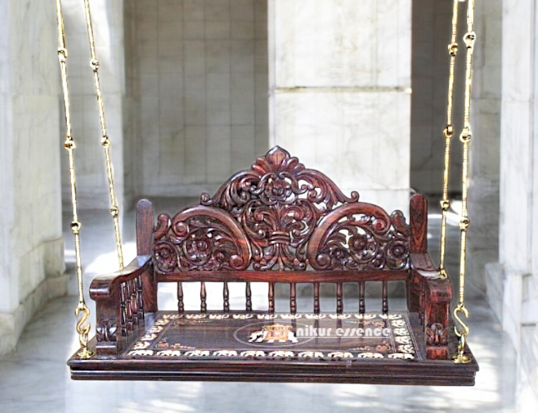 Handcrafted Carved Solid Rosewood Oonjal (Jhula/Swing) – 5ft Stylish & Elegant Traditional Wooden Swing with 7ft Brass Chains & Royal Procession Inlay