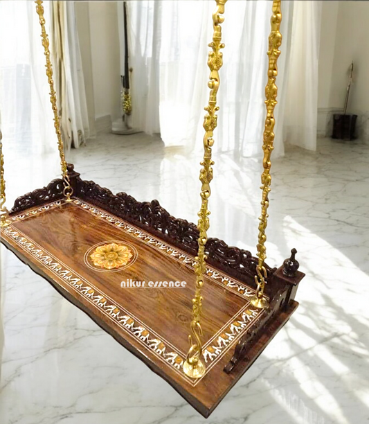 Handcrafted Carved Solid Rosewood Oonjal | 5ft Stylish Wooden Swing (60” x 24” x 6”) with Exquisite Rangoli Inlay & Artistic Carvings