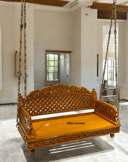 Handcrafted Teakwood Jhula – 4ft Traditional Wooden Swing with 7 feet Brass Chains with Elephant & Peacock Motifs-Nikur Essence